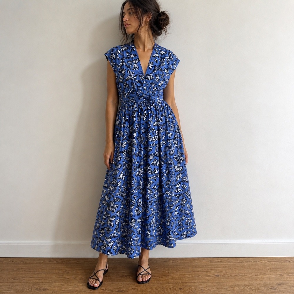 Blue Floral V-Neck Maxi Dress